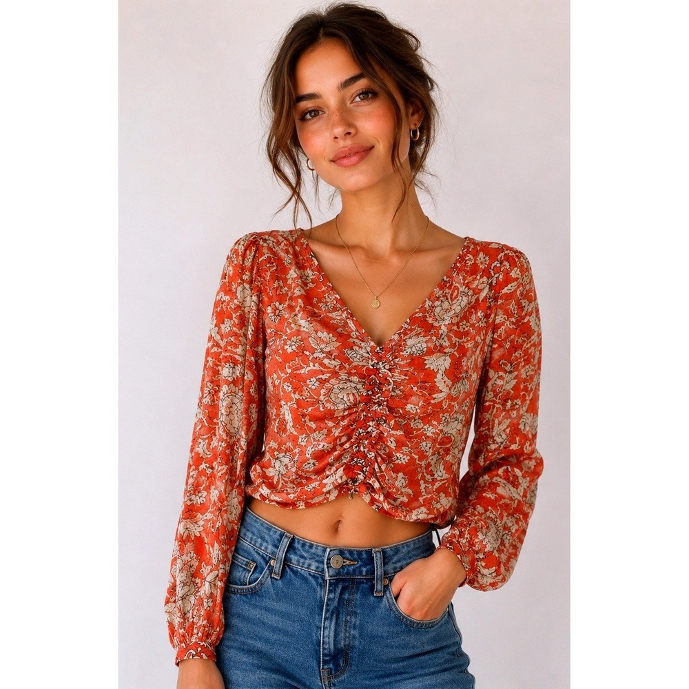 Free People Say The Word Top Womens Medium Orange Floral Ruched Boho V-Neck